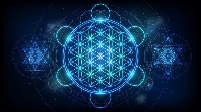 Illuminated Sacred Geometry Symbols And Circles Glowing On Dark Background sacred geometry geometry glowing blue conceptual dark background astrology symbols lines circles design magic fortune
