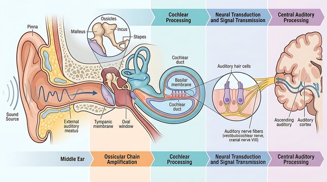 Human auditory system diagram showing hearing process and ear anatomy