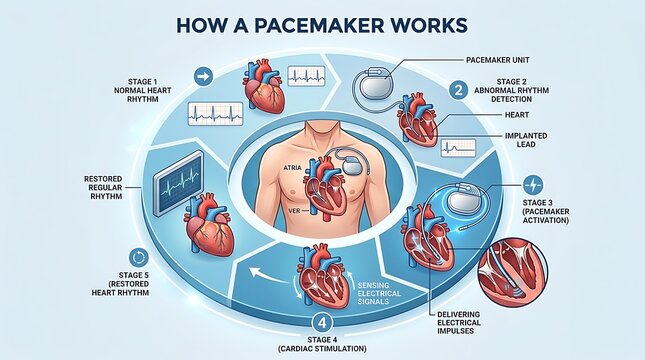 Heart pacemaker function medical infographic diagram