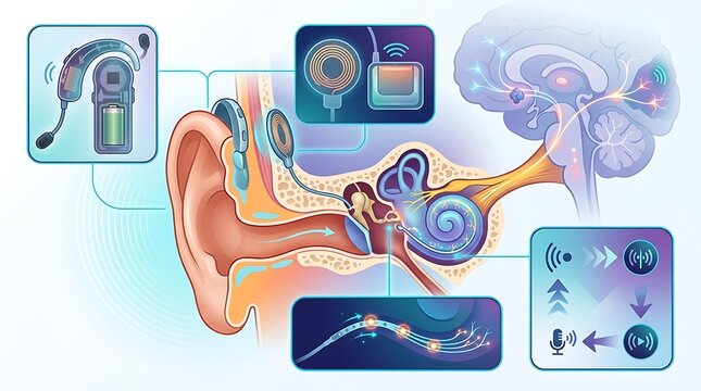 Cochlear implant medical illustration explaining hearing loss solution