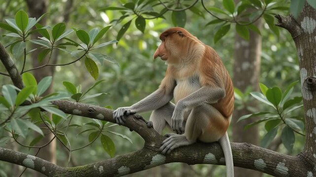 A wild male proboscis monkey sits peacefully on a tree branch in the lush green rainforest of Borneo, showcasing its unique long nose and reddish-brown fur