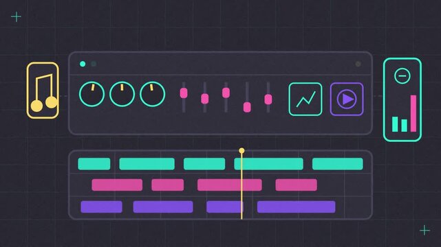Abstract animated track built up in a music production session drawn as violet and blue lines and shapes on a deep dark background. Seamless looping 4K motion graphics video with free space for text, 
