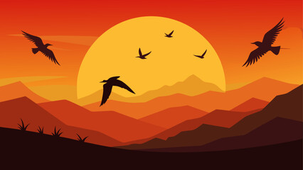 Naklejka premium Birds flying over sunset mountains
