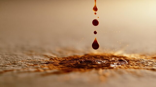 Dark liquid drips, hitting textured surface