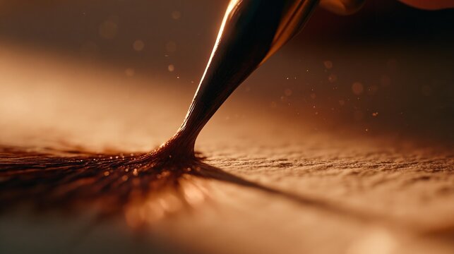 Golden light bathes a quill dipping into ink