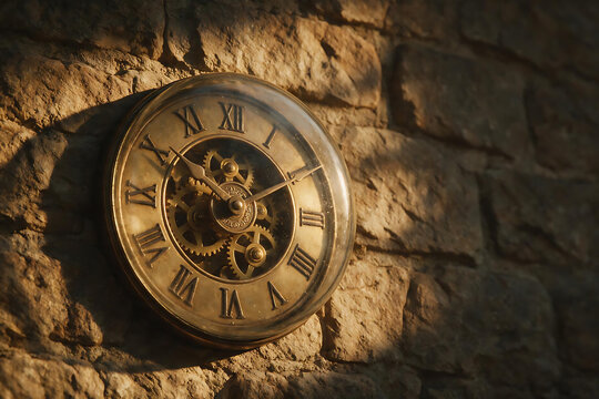 Antique Clock on Stone Wall in Sunlight