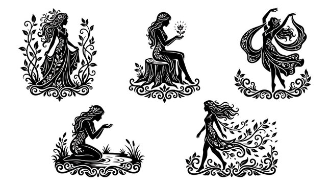 Forest Nymph Silhouette Icon Set, Fantasy Fairy Vector Collection for Magical Design
