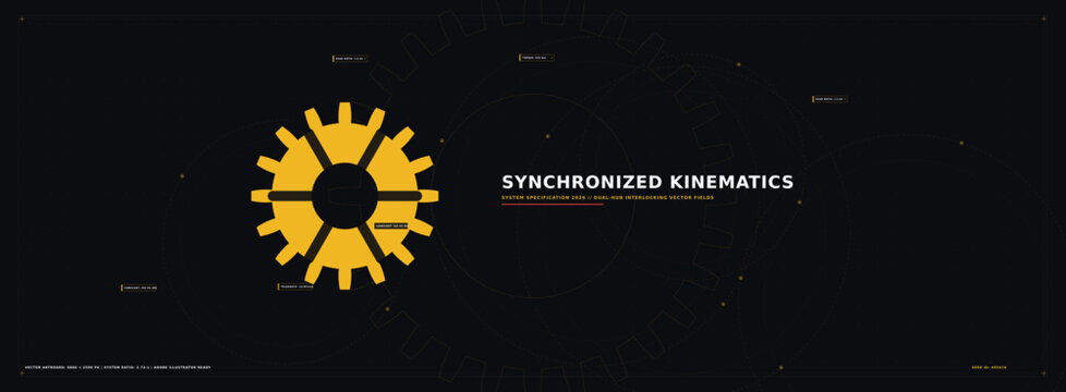 Yellow cogwheel with synchronized kinematics text on dark background, industrial theme gear black