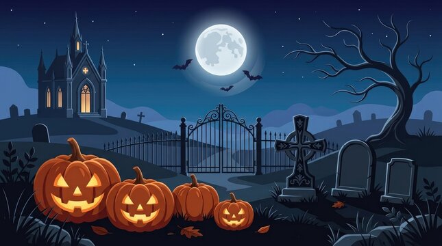 Spooky halloween night scene with pumpkins castle and eerie graveyard