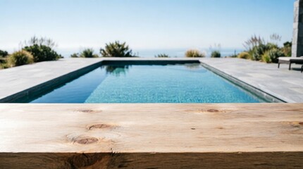 Fototapeta premium Modern Pool with Wooden Foreground and Ocean View for Web Design