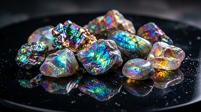 Iridescent mineral stones displaying a luminous rainbow sheen on a dark reflective surface opalite crystal gemstone stone mineral tumbled polished smooth glowing glow luminous translucent rainbow