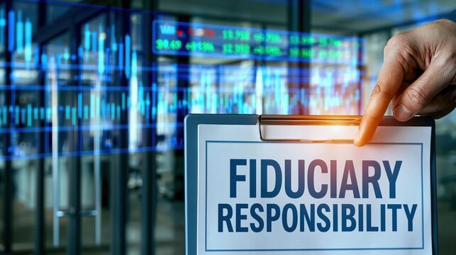 Hand pointing to fiduciary responsibility clipboard with finance graphs background