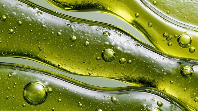 Smooth, viscous green liquid flows with gentle curves. Tiny bubbles float on its surface, catching light.