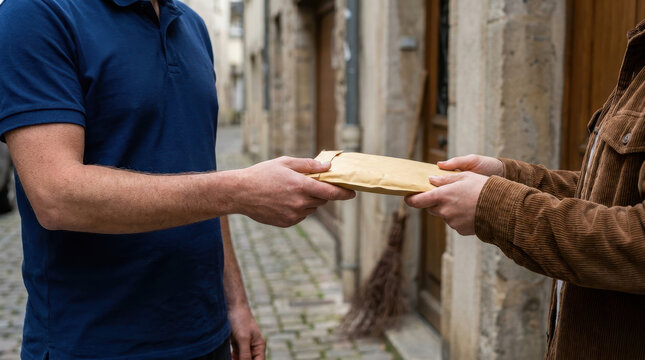Halloween package handing, courier and recipient exchange parcel in historic alley, showing seasonal delivery and human connection