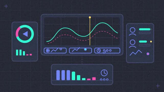 Abstract animated viewing metrics analysed across a streaming service drawn as blue and cyan lines and shapes on a deep dark background. Seamless looping 4K motion graphics video with free space for t