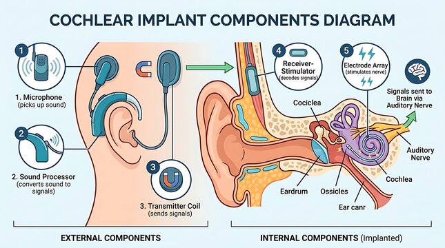 Cochlear implant diagram showing internal and external components