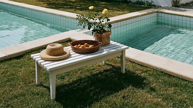 Sunlit poolside bench with woven hat and fruit basket. Yellow rose blooms beside a rustic wicker basket.