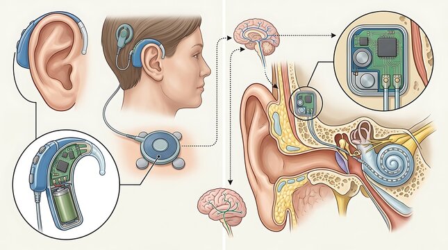 Medical illustration showing cochlear implant and ear anatomy
