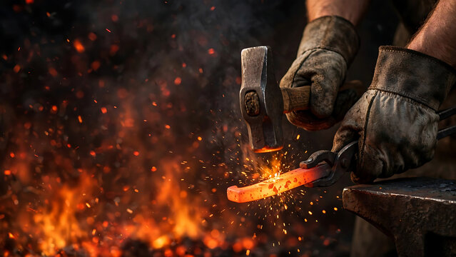 A skilled blacksmith hammers glowing hot metal on an anvil, creating a dramatic shower of sparks and embers amidst the intense flames of a traditional forge, showcasing ancient craftsmanship