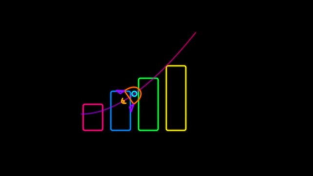 Animated Glowing Neon Rocket and Growth Bar Chart Motion Graphics