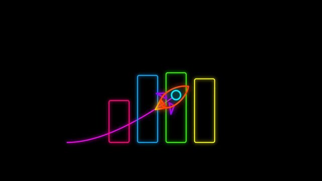 Animated Glowing Neon Rocket and Growth Bar Chart Motion Graphics