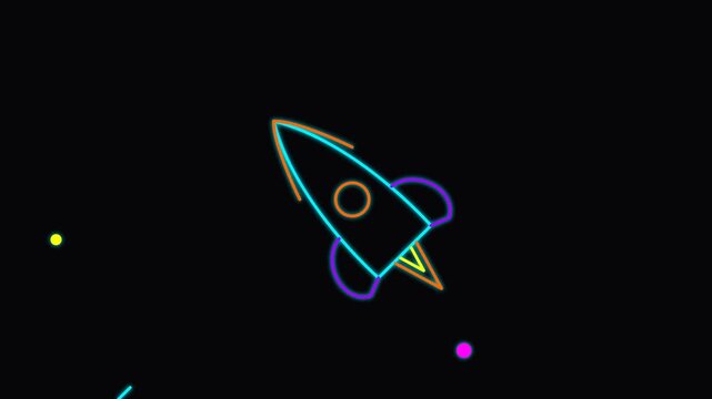 Colorful Neon Rocket Outline Floating On Black Background Motion Graphics Video Clip