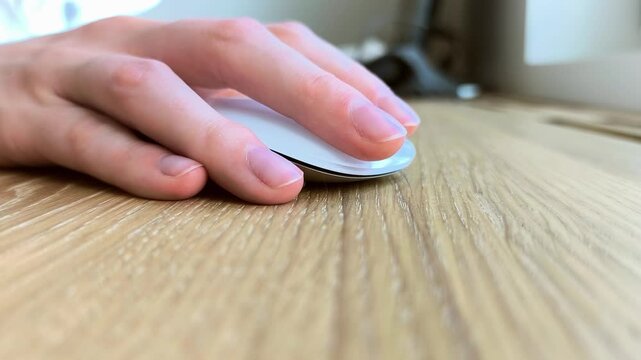 Close-up of a hand clicking a mouse on desk. Fingers navigating cursor during everyday computer use. Detailed scene of digital work in an office setting..