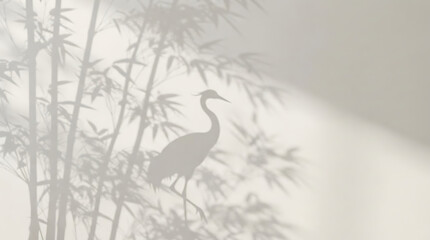 Naklejka premium Elegant Crane and Bamboo Shadows on a Smooth White Wall