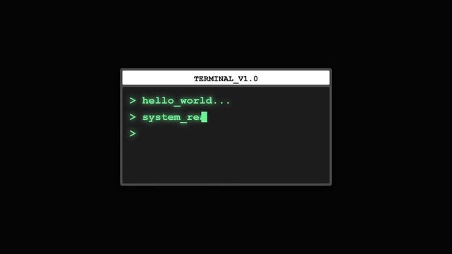 Vintage computer terminal motion graphics footage typing command lines on a dark background.