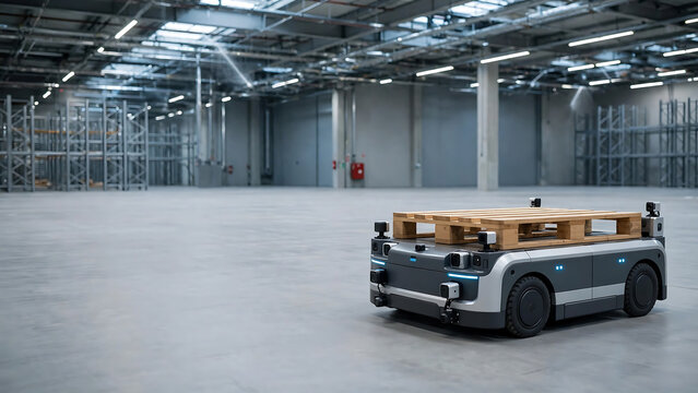 Autonomous mobile robot carrying wooden pallet in modern empty logistics warehouse for industrial automation and smart storage distribution