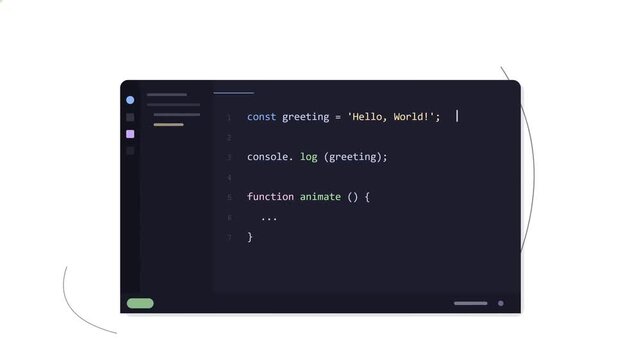 Motion graphics footage showing JavaScript programming code on a dark code editor interface.