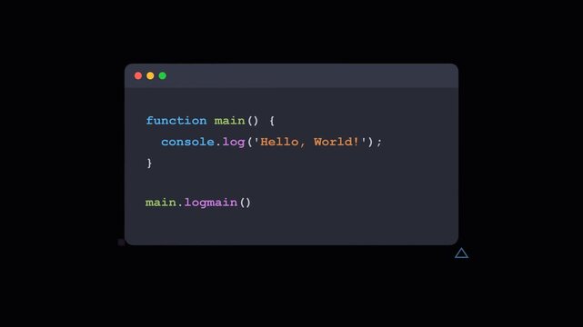 Programming code motion graphics of a javascript hello world function on a dark background loop.
