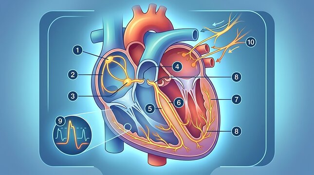 Human heart anatomy diagram showing electrical conduction system