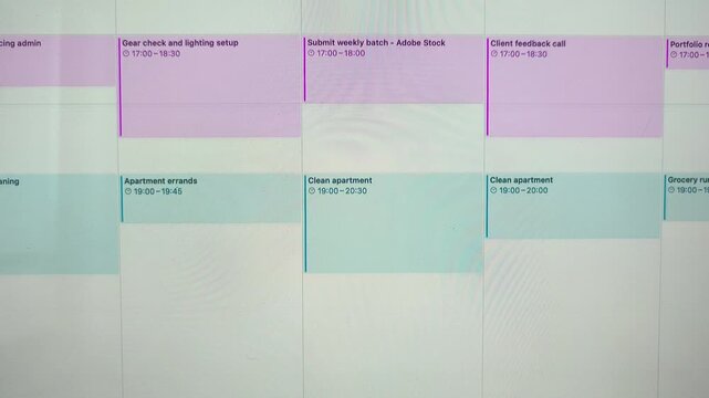 Digital calendar showing a busy weekly schedule. Screen capture of colorful task categories organizing daily life. Close-up view of time management software in use..