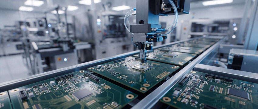Robotic arm assembling microchip on circuit board on an automated conveyor line in modern cleanroom factory, featuring high precision semiconductor surface mount technology