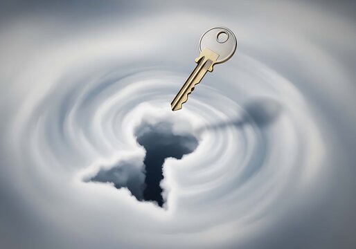 Abstract Solution Key Hovering Over Swirling Cloud Vortex - Conceptual Business Strategy