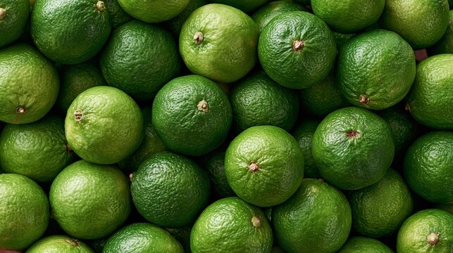 Fresh limes piled together, vibrant green skin. Each fruit has smooth, slightly rough texture. Tiny stem marks appear at top of each lime.