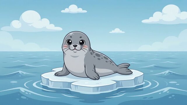 Cute cartoon seal resting on an ice floe in the ocean with blue water and fluffy white clouds