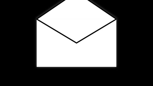 Minimalist white open envelope icon isolated on a solid black background for mail communication
