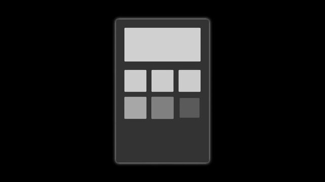 Minimalist grayscale calculator icon with screen and buttons isolated on a solid black background