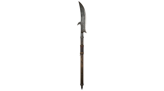 Antique Polearm Weapon with a Sharp Metal Blade Isolated on a Plain White Background