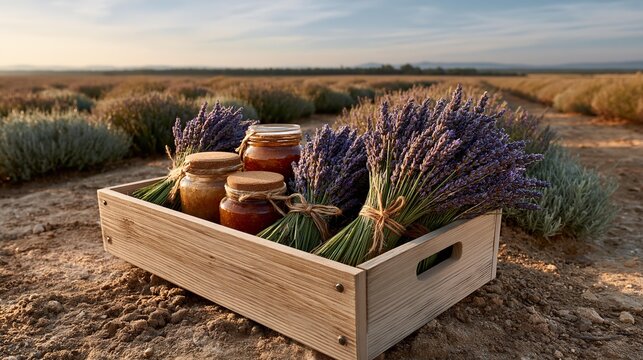 Sunset bathes lavender fields in warm glow