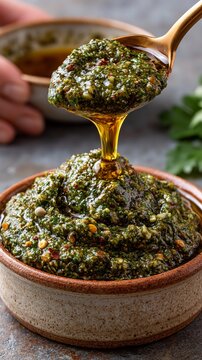 Golden honey drips from a spoon into vibrant pesto