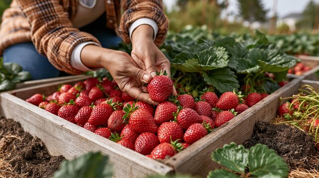 Hands gently pick ripe strawberries from a wooden crate. Vibrant red fruit fills the rustic wooden container.
