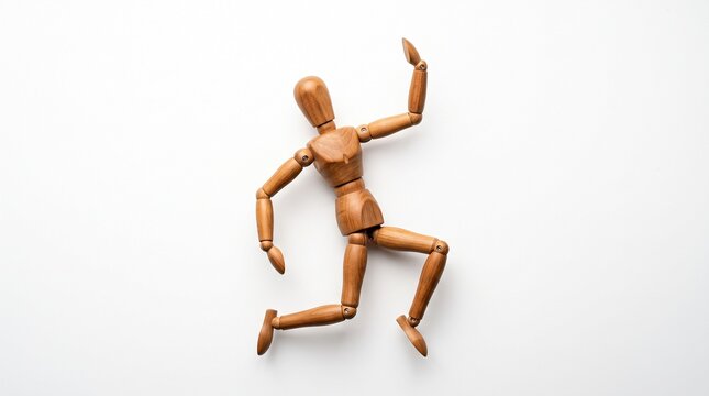 Wooden Artist Mannequin in Dynamic Dancing Pose on White Background