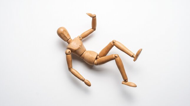 Wooden Articulated Mannequin Falling Down on a Minimalist White Background