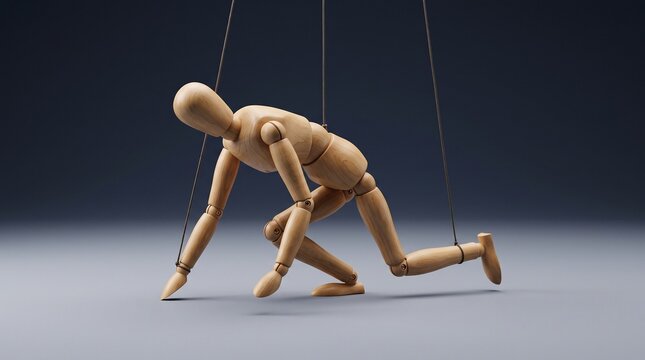Wooden mannequin puppet controlled by strings crawling on grey background