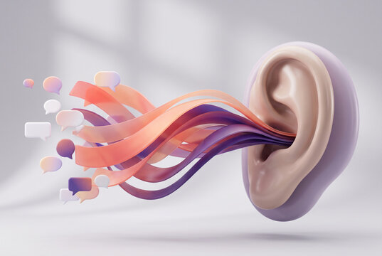 Auditory ear listening to speech bubbles in soft 3D concept