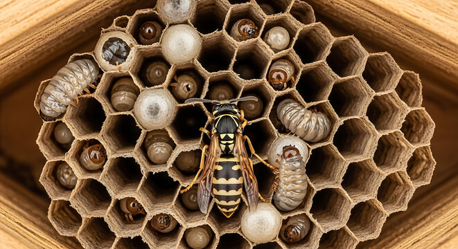 Wasp inside paper nest honeycomb with larvae and eggs developing inside cells