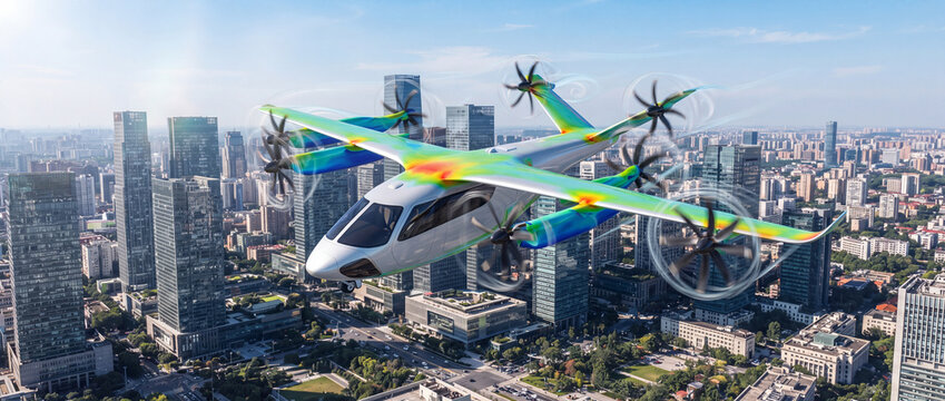 Electric air taxi flying over modern city skyline featuring aerodynamic airflow CFD simulation on wings, ideal for urban air mobility, aerospace engineering, and future transport concepts